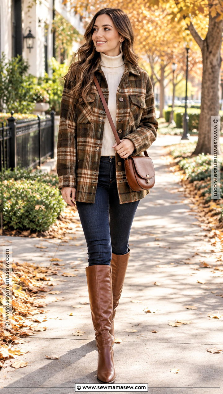 Skinny Jeans With Brown Knee High Boots And Plaid Shacket - 20 brown boots outfit fall jeans