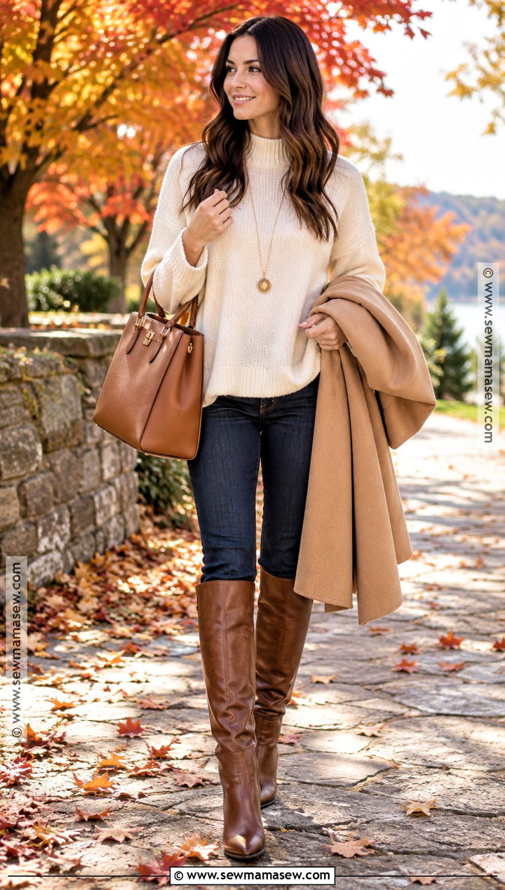 Skinny Jeans With Oversized Sweater and Knee High Boots - 20 cute fall outfits with jeans