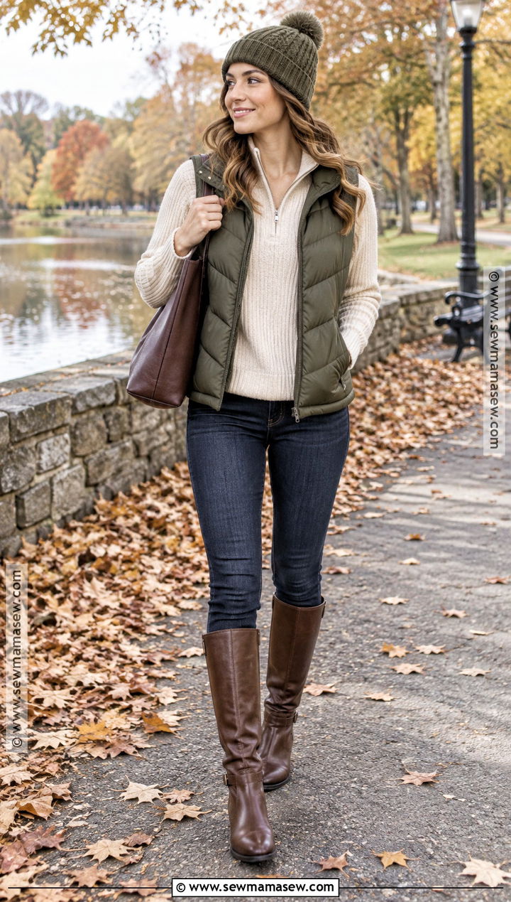 Skinny Jeans With Puffer Vest And Riding Boots - 15 Comfy Jeans Outfit Fall
