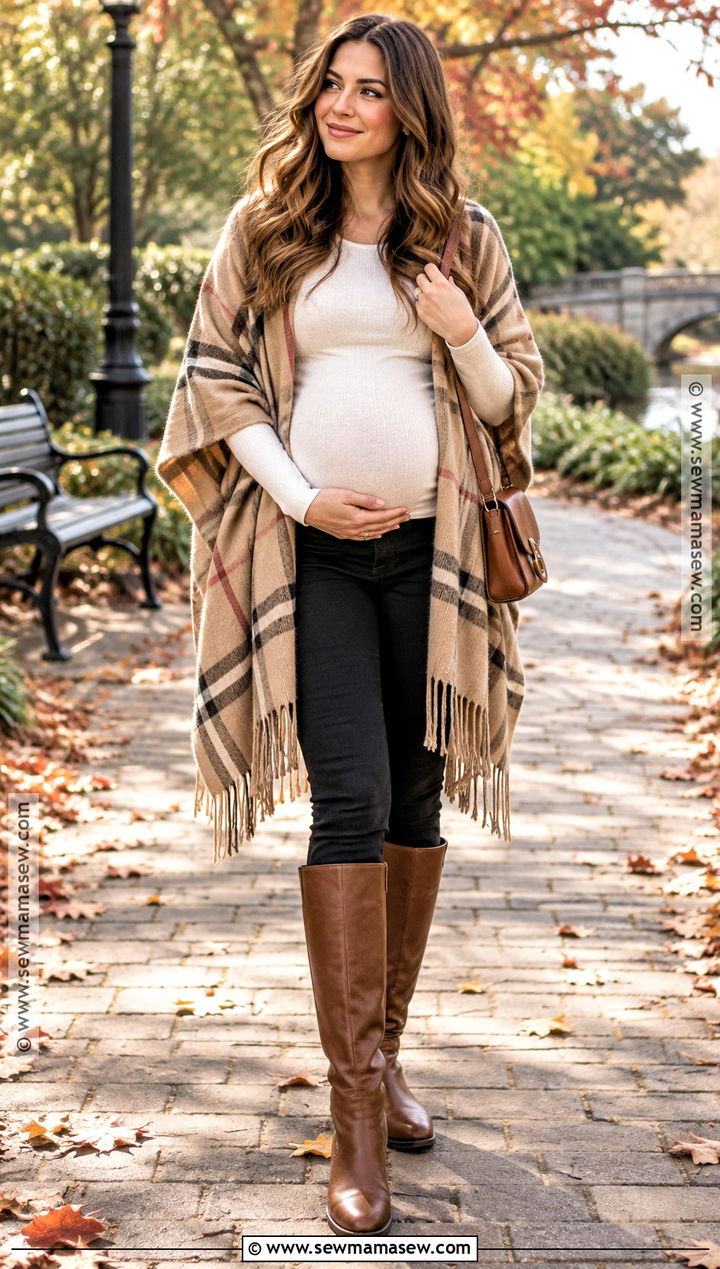 Skinny Maternity Jeans With Poncho And Knee High Boots - 15 fall maternity outfits jeans
