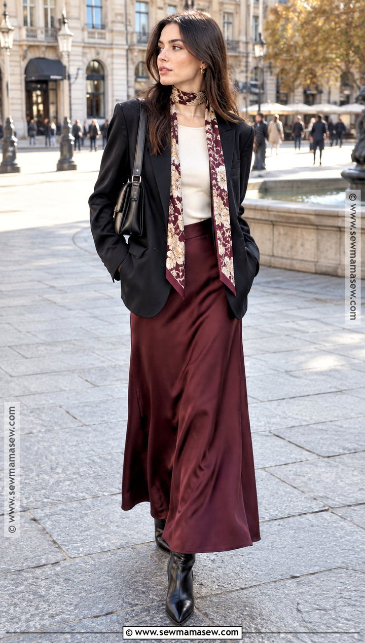 Skinny Scarf With Blazer And Maxi Skirt - 25 autumn scarf ideas