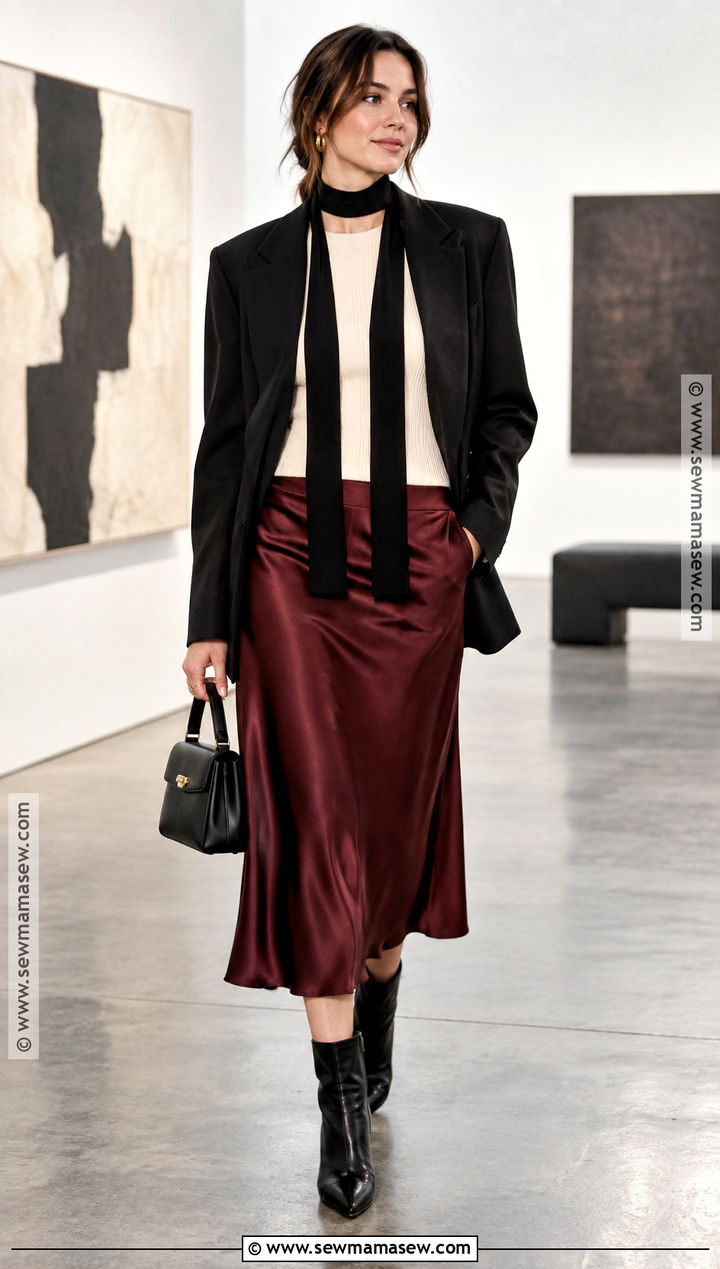 Skinny Scarf With Blazer And Midi Skirt - 25 fall scarf outfit ideas
