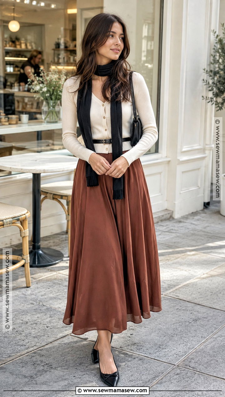 Skinny Scarf With Cardigan And Midi Skirt - 15 fall scarves outfit
