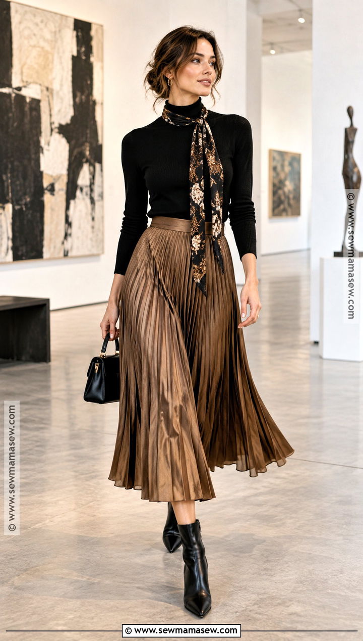 Skinny Scarf With Turtleneck And Midi Skirt - 25 fall scarf ideas