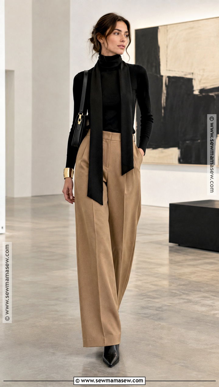 Skinny Scarf With Turtleneck and Wide Leg Pants - 20 Fall Outfits Scarf