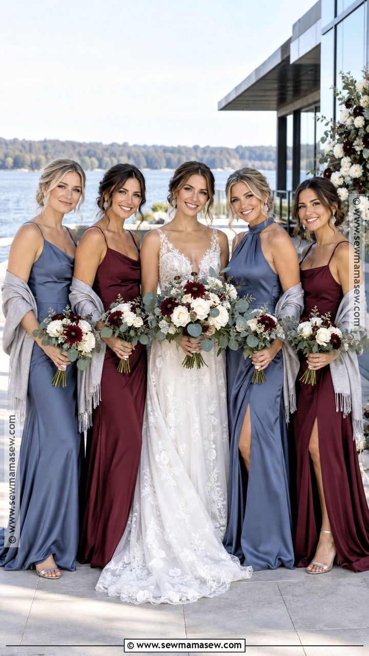Slate Blue Burgundy And Silver Bridesmaid Dresses - 20 autumn bridesmaid dresses color palettes