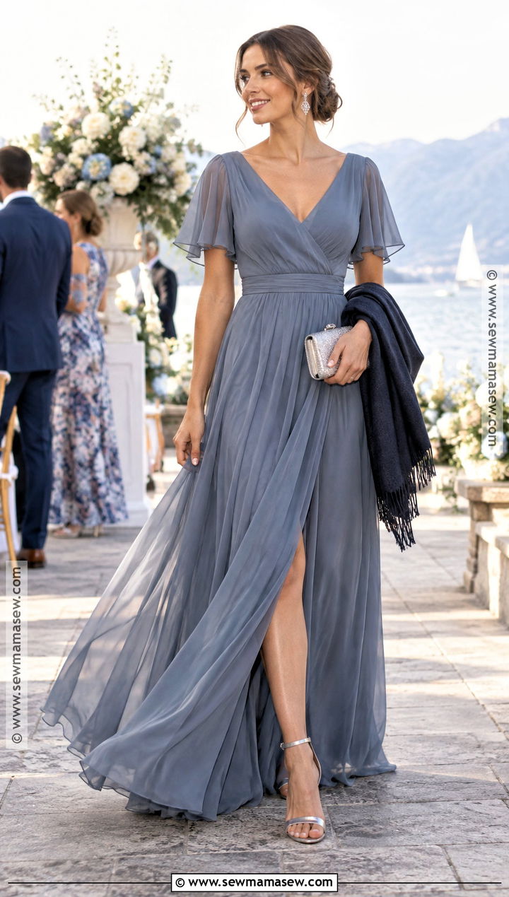 Slate Blue Chiffon Dress and Silver Heels - 15 September Wedding Outfits