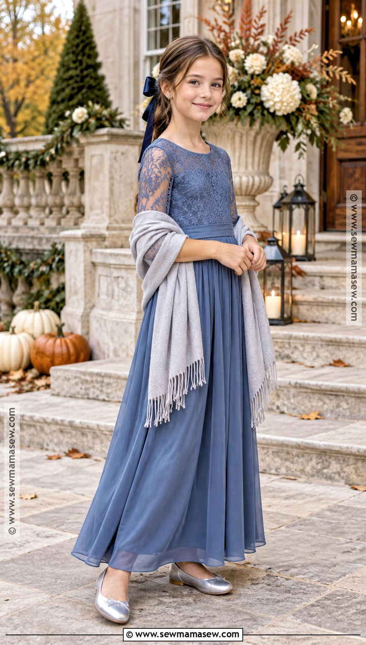 Slate Blue Lace Sleeve Junior Bridesmaid Dress - 15 Fall Wedding Junior Bridesmaid Dresses