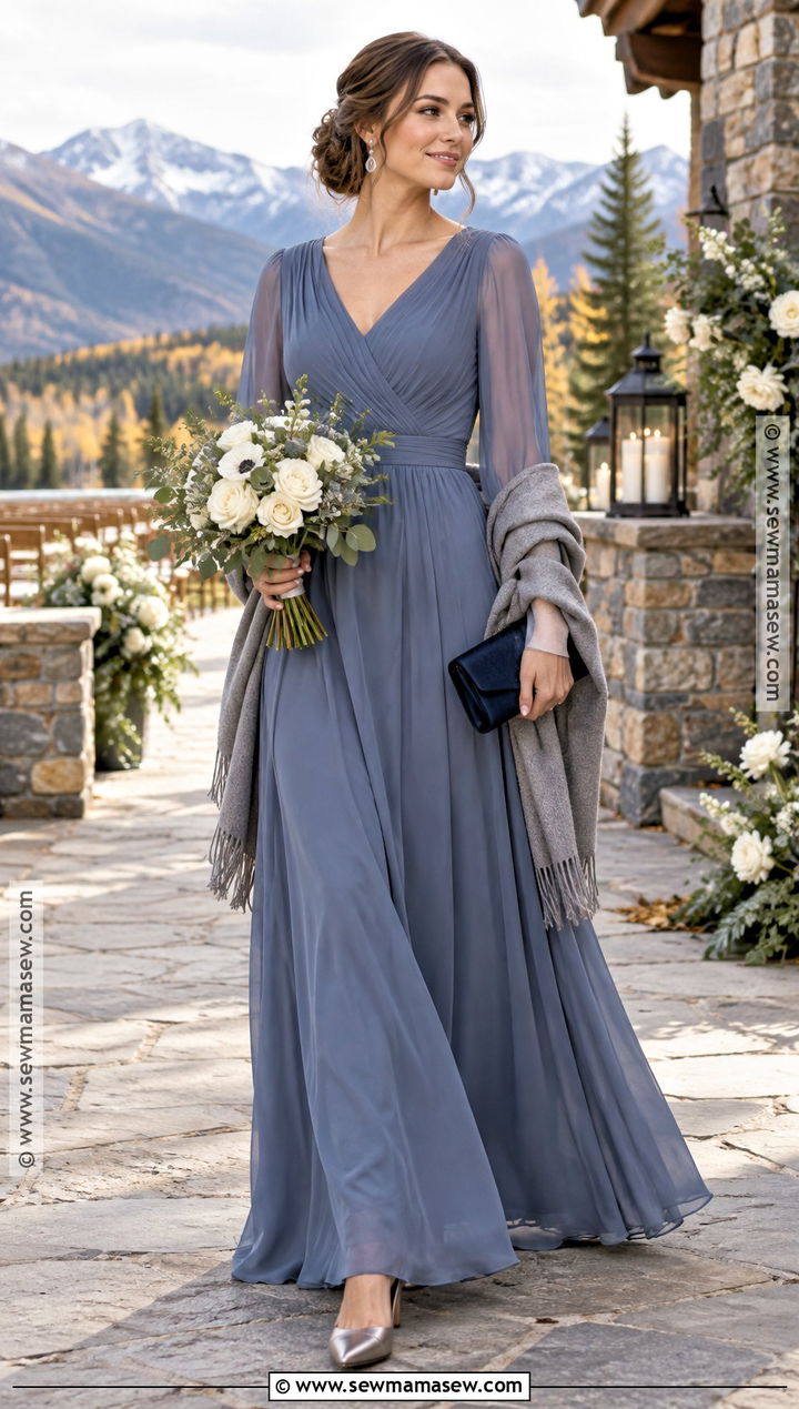 Slate Blue Long Sleeve Bridesmaid Dress With Pewter Shoes - 25 october bridesmaid dresses