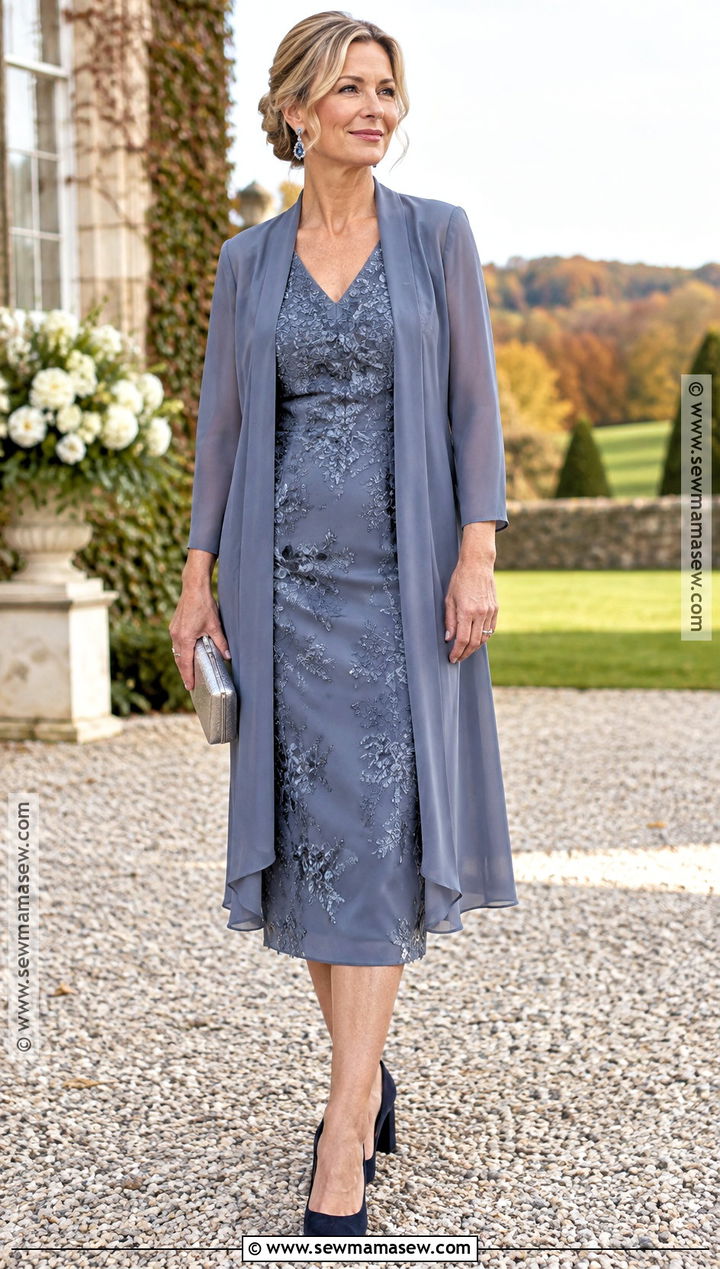 Slate Blue Mother of the Groom Dress With a Longline Jacket - 20 mother of the groom dresses for fall outdoor