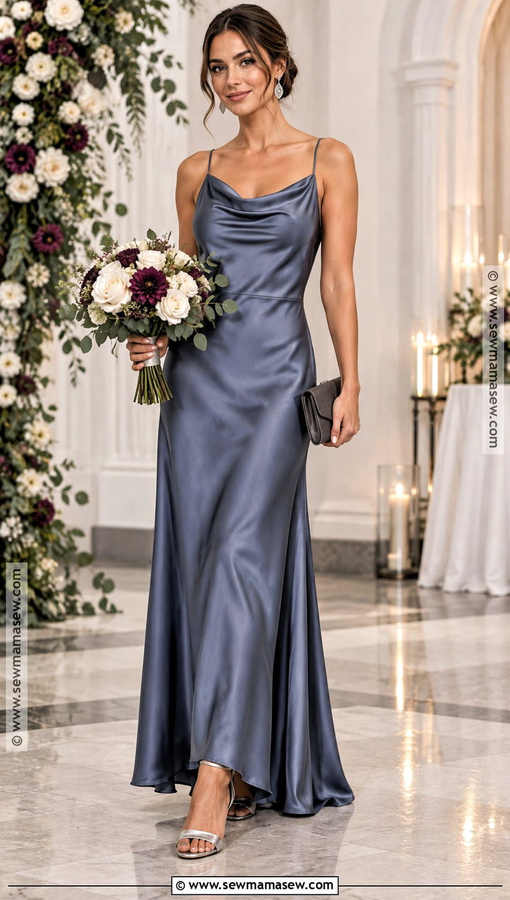 Slate Blue Satin Cowl Neck Bridesmaid Dress - 20 blue bridesmaid dresses fall