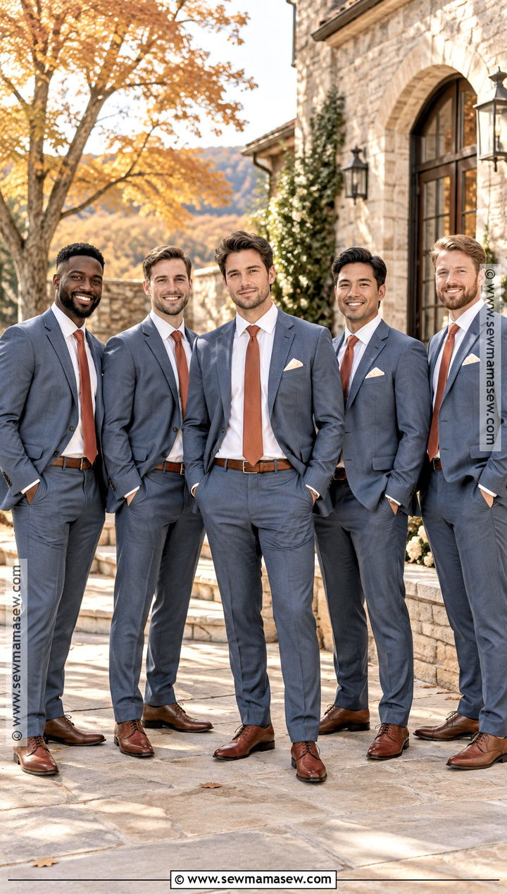 Slate Blue Suit And Copper Tie Groomsmen Attire - 15 fall color groomsmen attire ideas