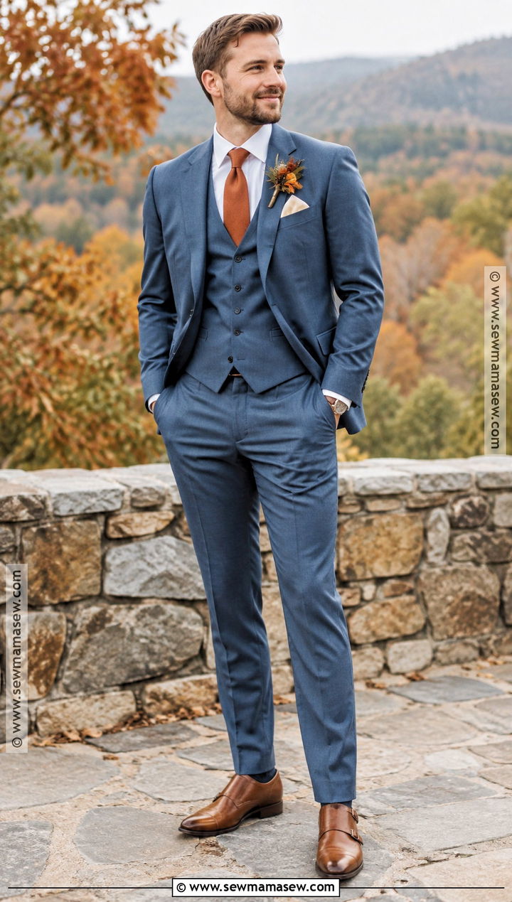 Slate Blue Suit With Burnt Orange Tie - 15 fall groom attire burnt orange ideas