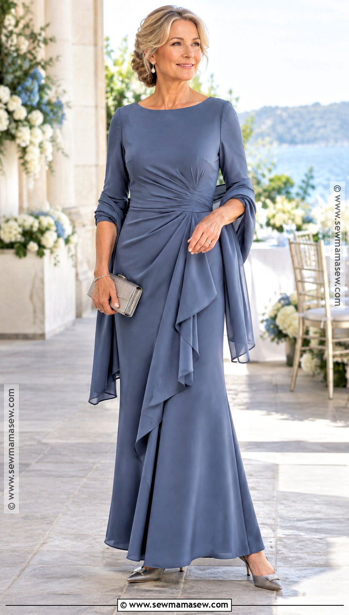 Slate Blue Three Quarter Sleeve Mother Of The Bride Gown - 20 Mother Of The Bride Dresses Fall Wedding