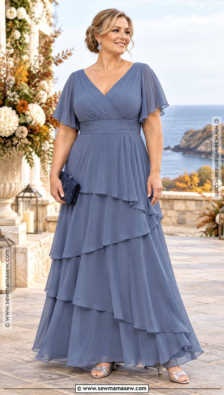 Slate Blue Tiered Plus Size Mother of the Bride Gown - 20 mother of the bride dresses plus size fall