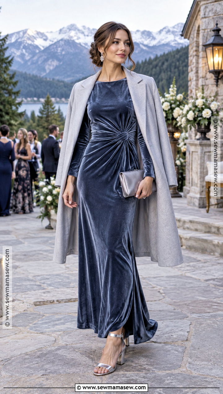 Slate Blue Velvet Maxi Fall Outdoor Wedding Guest Dress - 20 fall outdoor wedding guest dress ideas