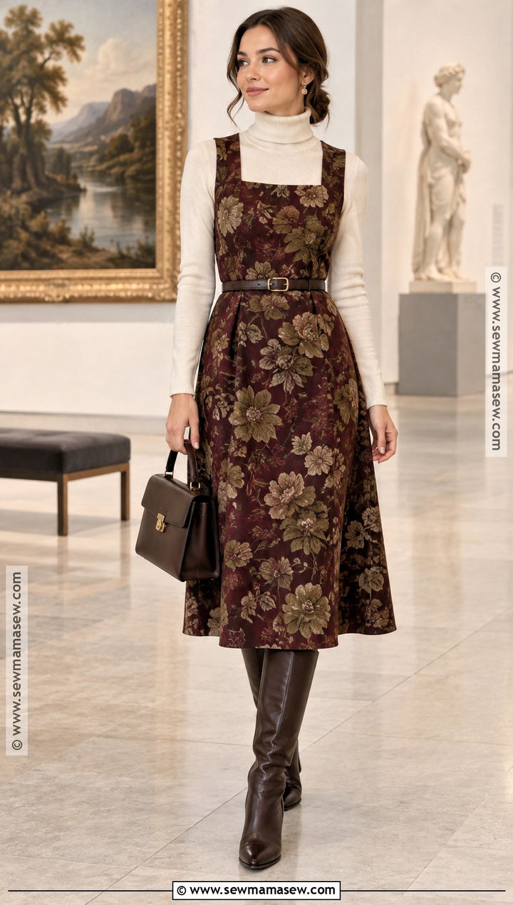 Sleeveless Fall Floral Dress With Turtleneck - 20 fall floral dress ideas
