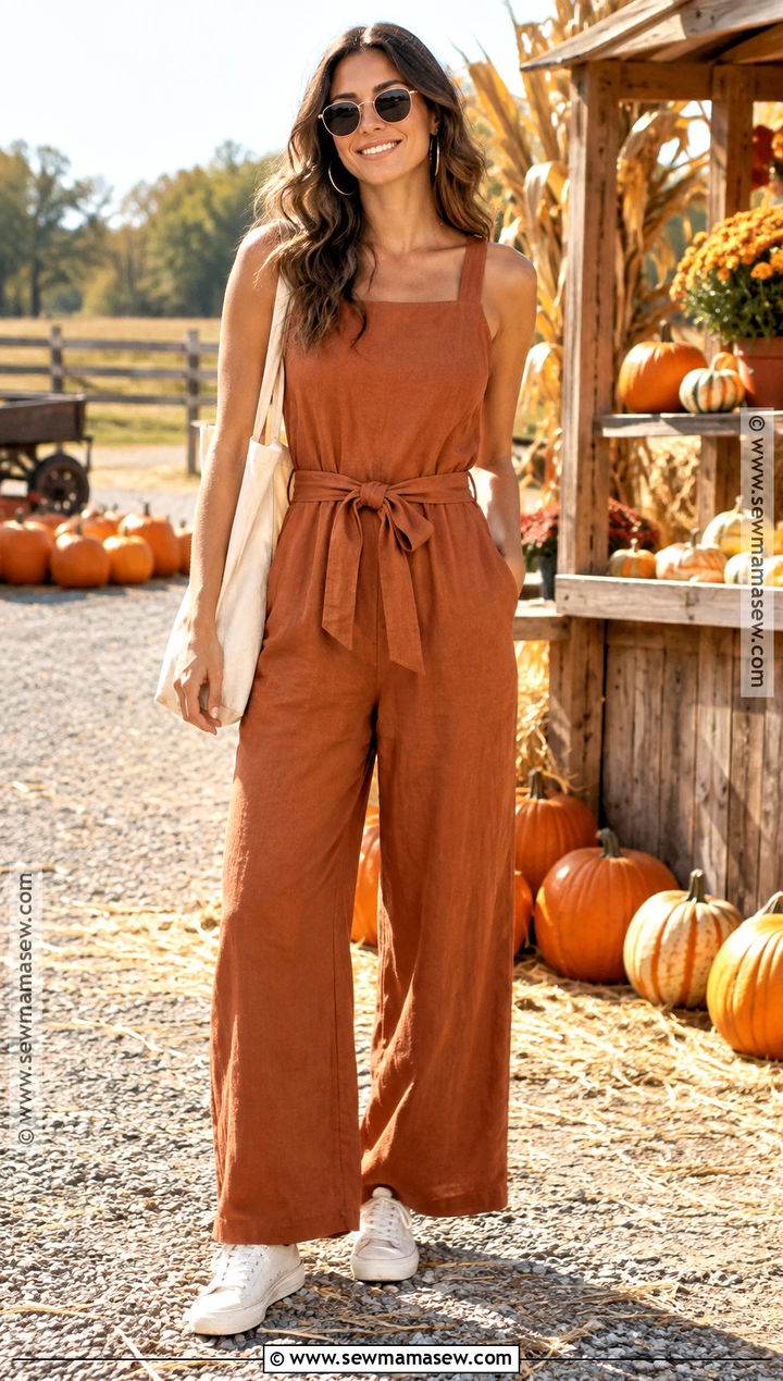 Sleeveless Jumpsuit And Flat Sandals Pumpkin Patch Outfit - 20 Pumpkin Patch Outfit Ideas Hot Weather