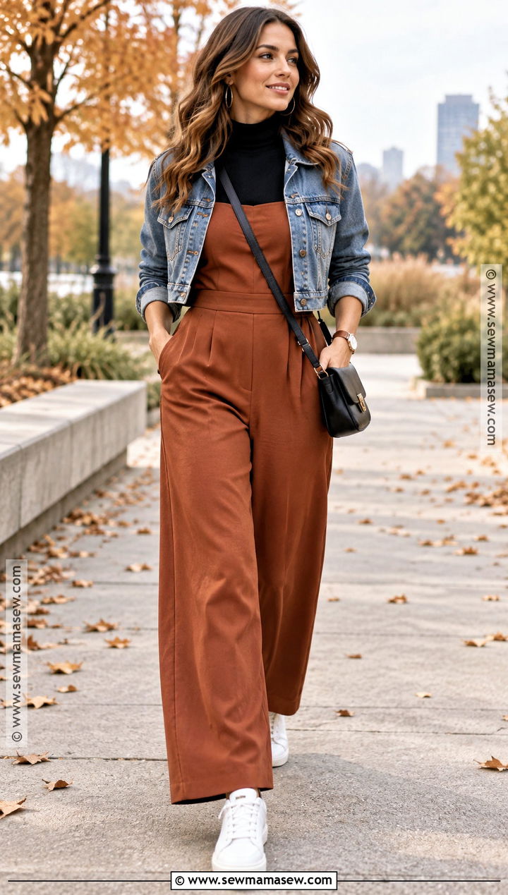 Sleeveless Jumpsuit With Turtleneck And Sneakers - 15 Fall Jumpsuit Outfit Ideas