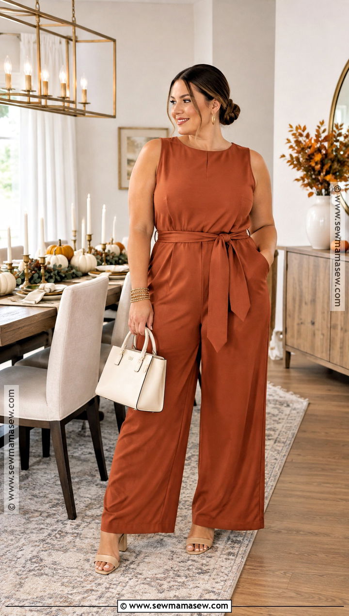 Sleeveless Rust Jumpsuit Thanksgiving Outfit - 15 thanksgiving outfit for warm weather ideas