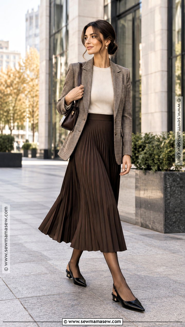 Slingback Flats With Pleated Skirt And Blazer - 20 fall flats outfit ideas