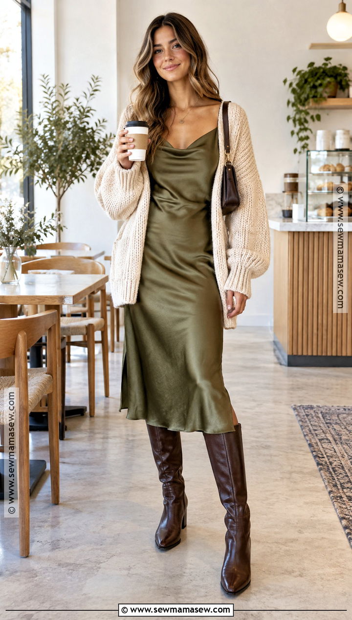 Slip Dress And Chunky Cardigan Brunch Outfit - 25 brunch outfit autumn ideas