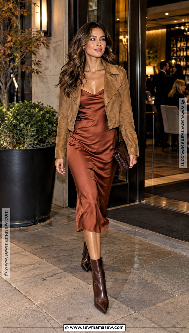 Slip Dress And Cropped Suede Jacket Fall Bar Outfit - 15 bar outfits fall night