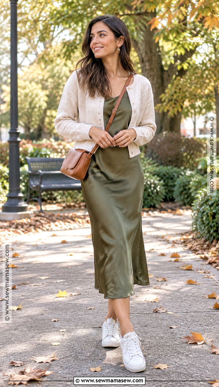 Slip Dress Cropped Cardigan And Sneakers Fall Outfit - 15 72 degree weather outfit fall ideas