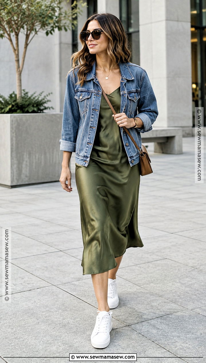 Slip Dress Denim Jacket And Sneakers Fall Outfit - 20 Outfits For Warm Fall Days