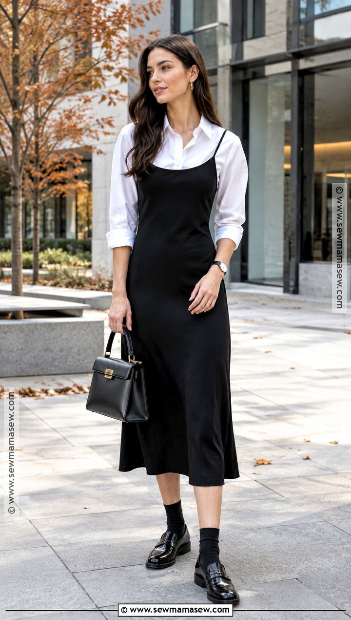 Slip Dress Over Button Down Shirt With Loafers - 15 Fall Slip Dress Ideas