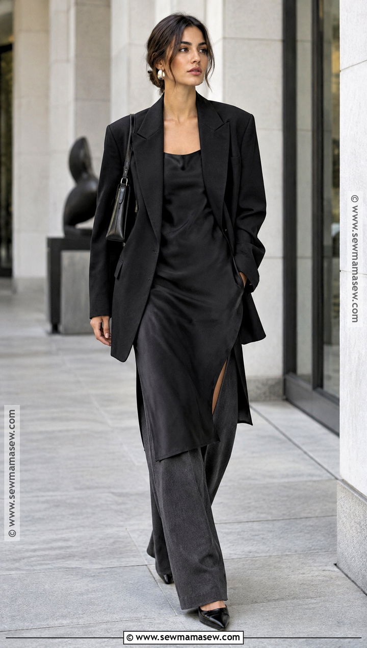 Slip Dress Over Trousers With A Blazer - 20 slip dress fall outfit ideas