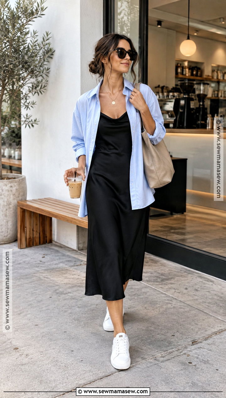 Slip Dress Oversized Shirt And Sneakers Outfit - 20 summer fall outfits casual