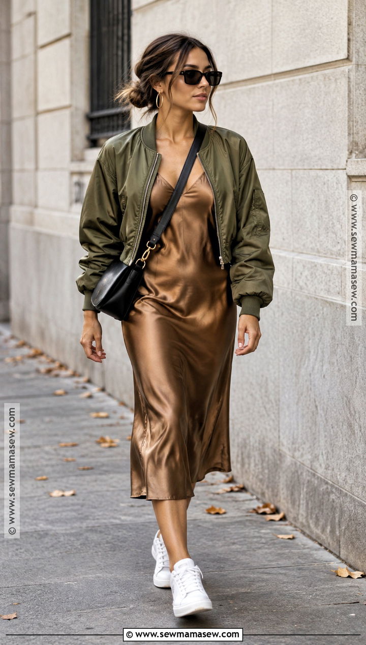 Slip Dress With Bomber Jacket And Sneakers - 20 slip dress fall outfit ideas