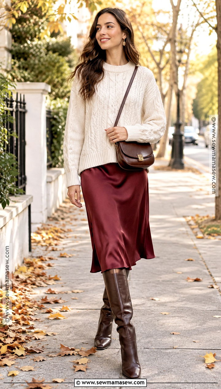 Slip Dress With Chunky Sweater And Knee High Boots - 15 Fall Slip Dress Ideas