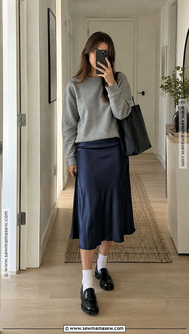 Slip Dress With Crewneck Sweatshirt And Loafers - 20 slip dress fall outfit ideas