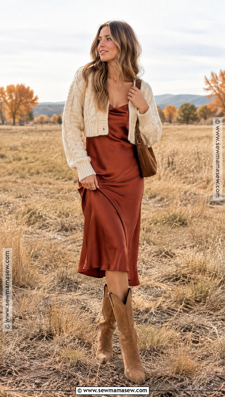 Slip Dress With Cropped Sweater And Cowboy Boots - 20 slip dress fall outfit ideas