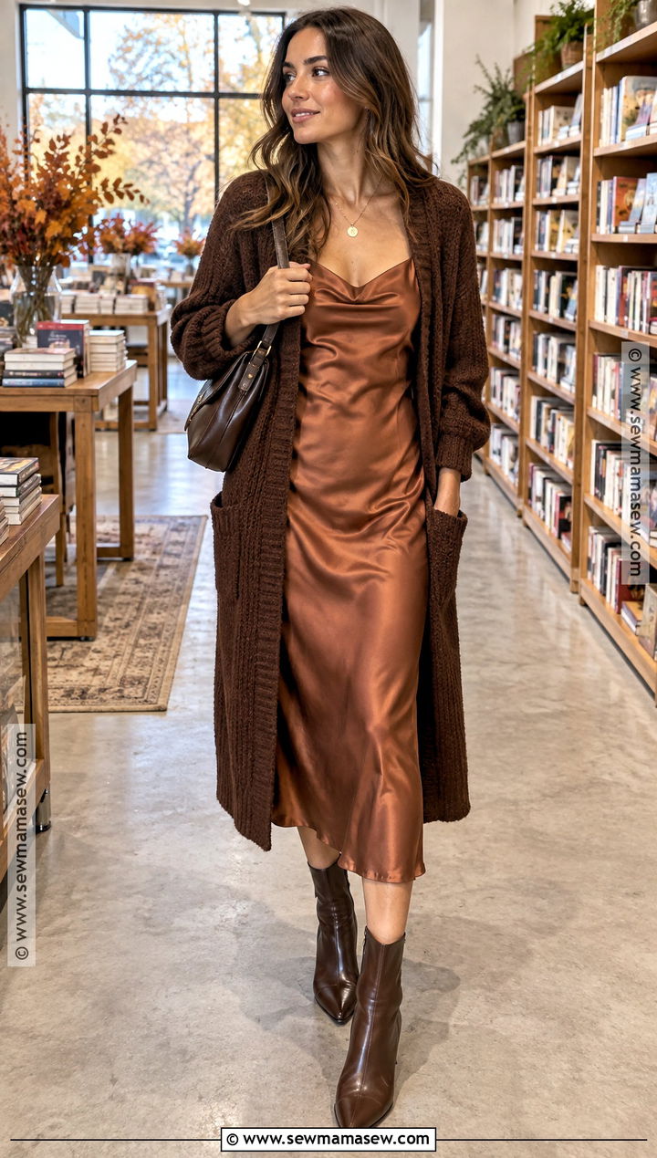 Slip Dress With Long Cardigan And Boots - 20 slip dress outfit fall ideas