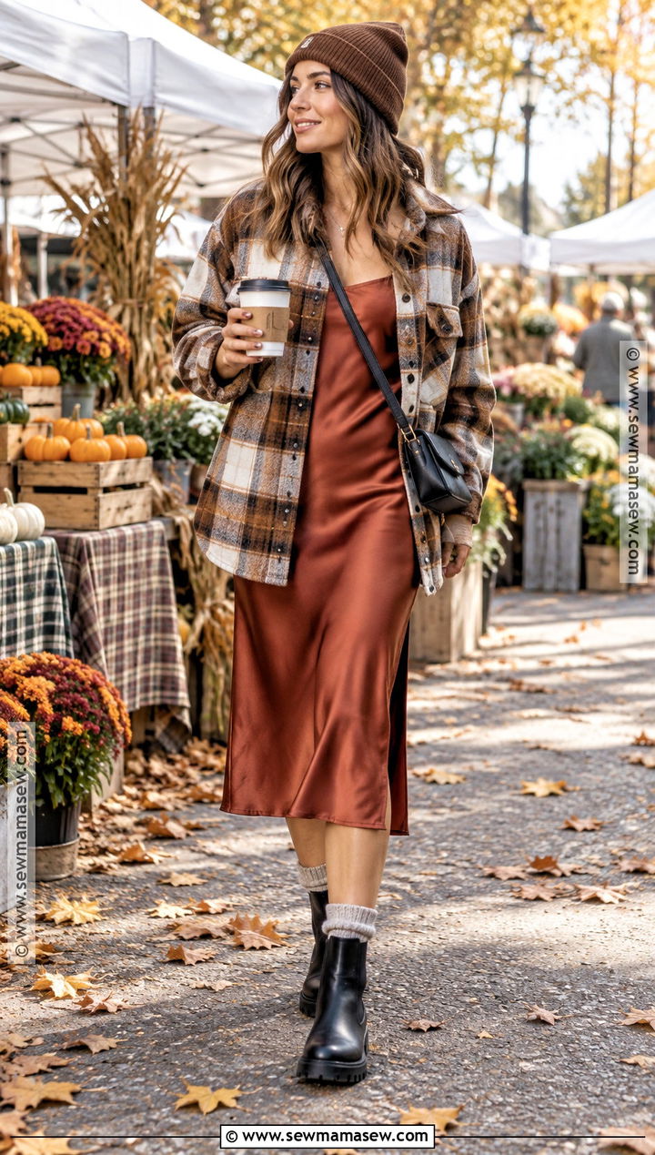 Slip Dress With Plaid Shacket And Chelsea Boots - 15 Style Slip Dress Fall Ideas
