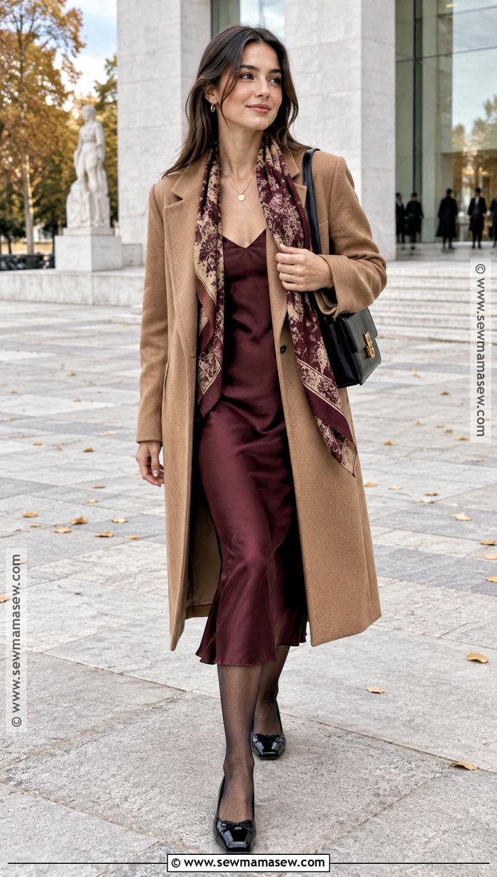 Slip Dress With Scarf Coat And Ballet Flats - 20 slip dress outfit fall ideas