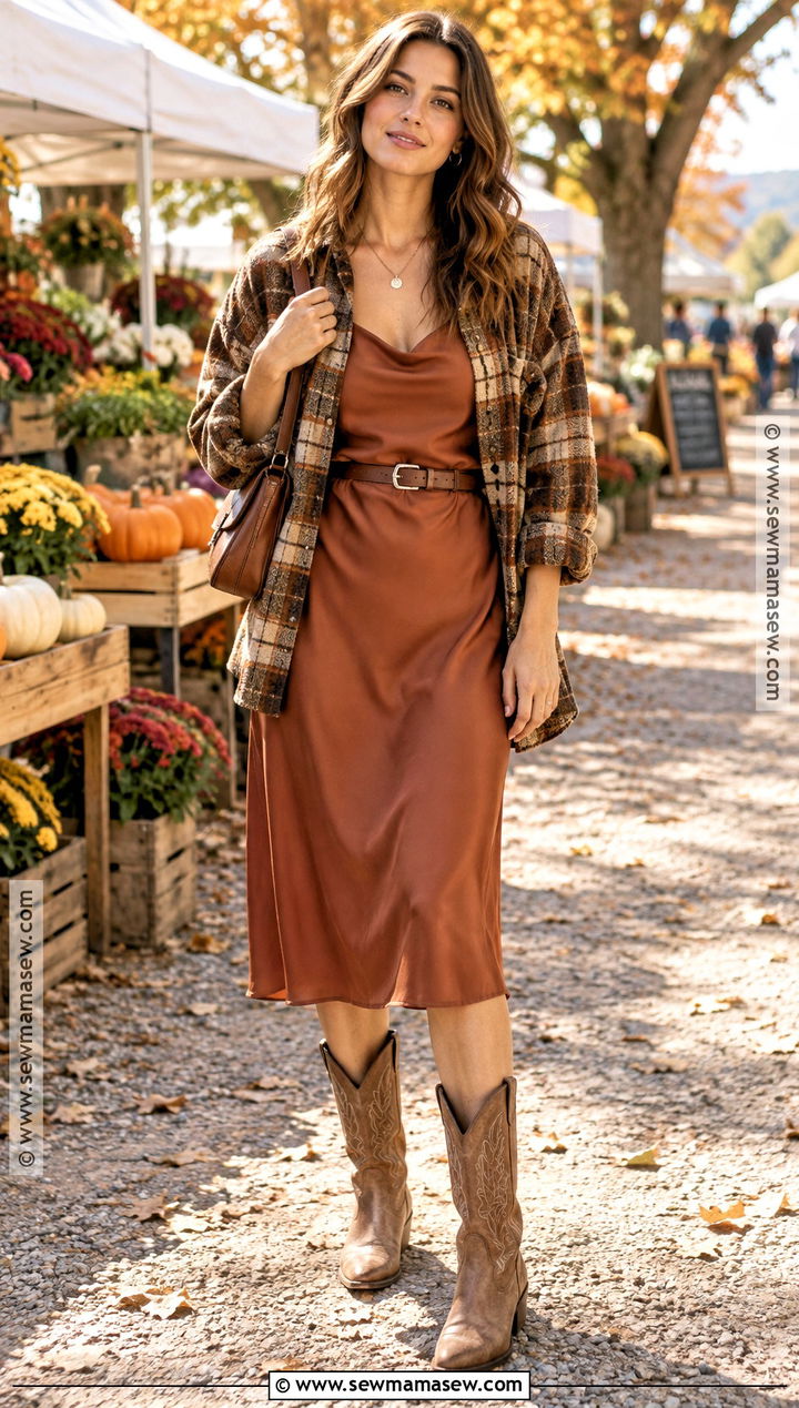 Slip Dress With Shacket And Cowboy Boots - 20 slip dress outfit fall ideas