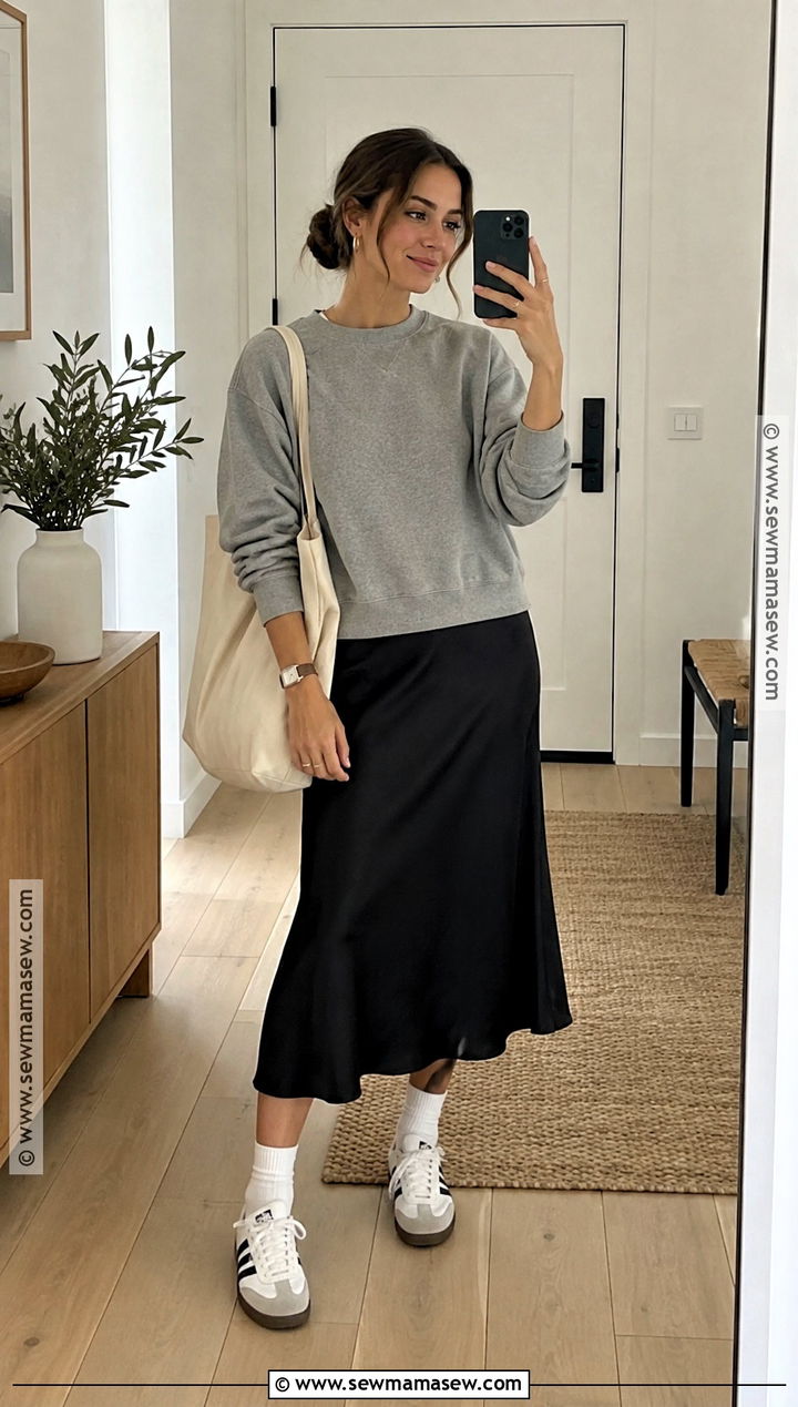 Slip Dress With Sweatshirt And Retro Sneakers - 15 Fall Slip Dress Ideas