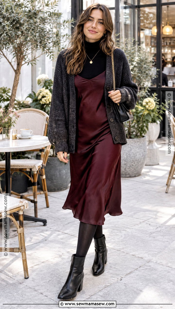 Slip Dress With Tights And Block Heel Boots - 15 fall outfits with tights and boots