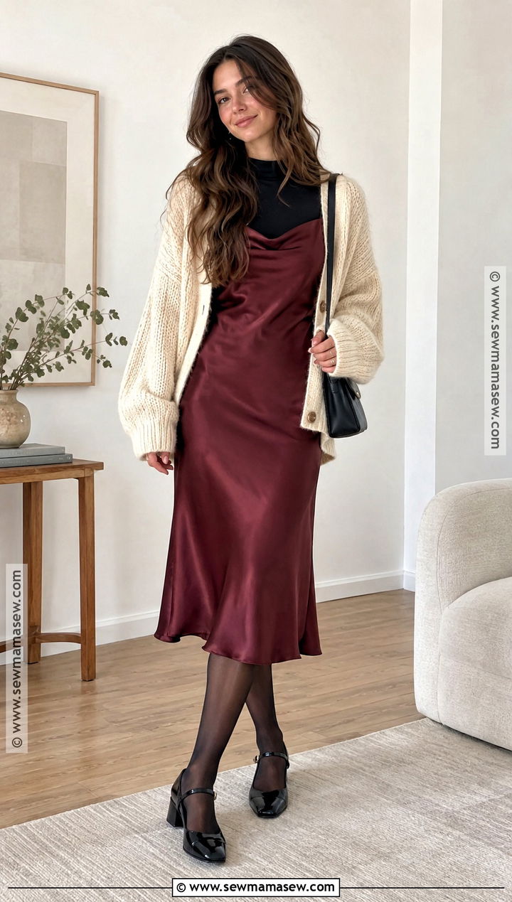 Slip Dress With Tights And Cardigan - 25 fall outfits with tights