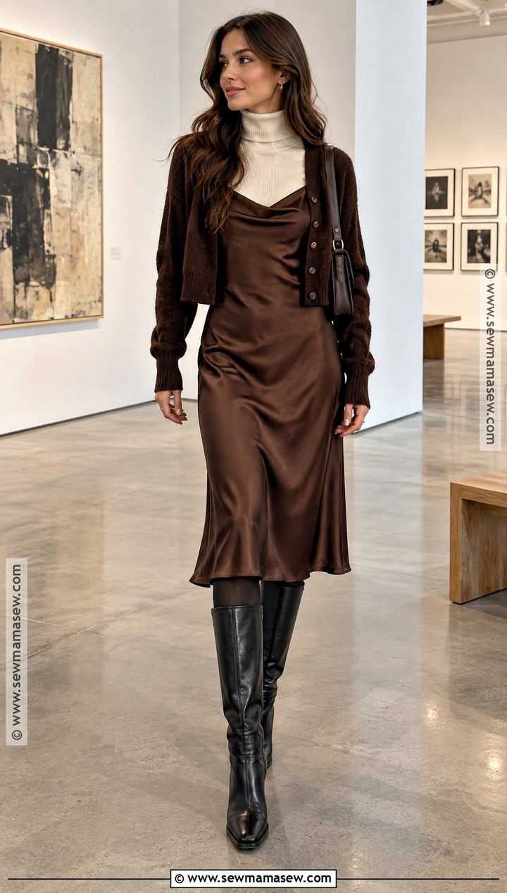 Slip Dress With Turtleneck And Knee High Boots - 25 autumn layering outfit ideas