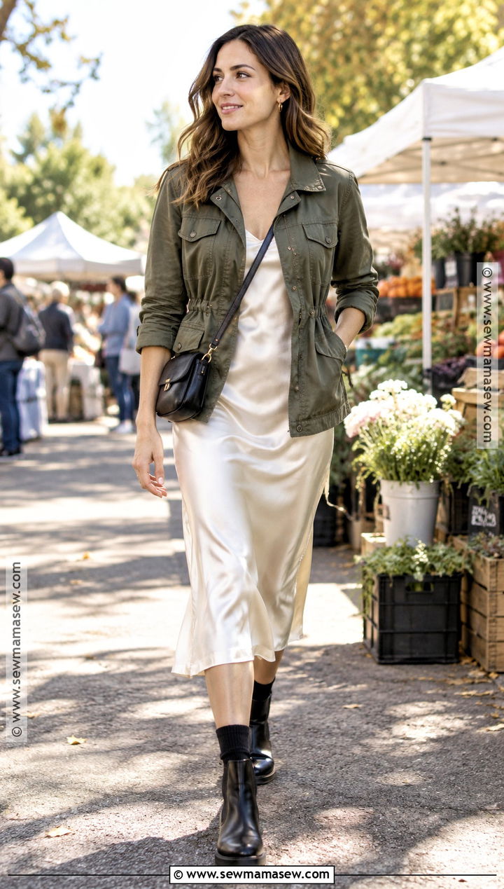 Slip Dress With Utility Jacket And Chelsea Boots - 20 slip dress fall outfit ideas