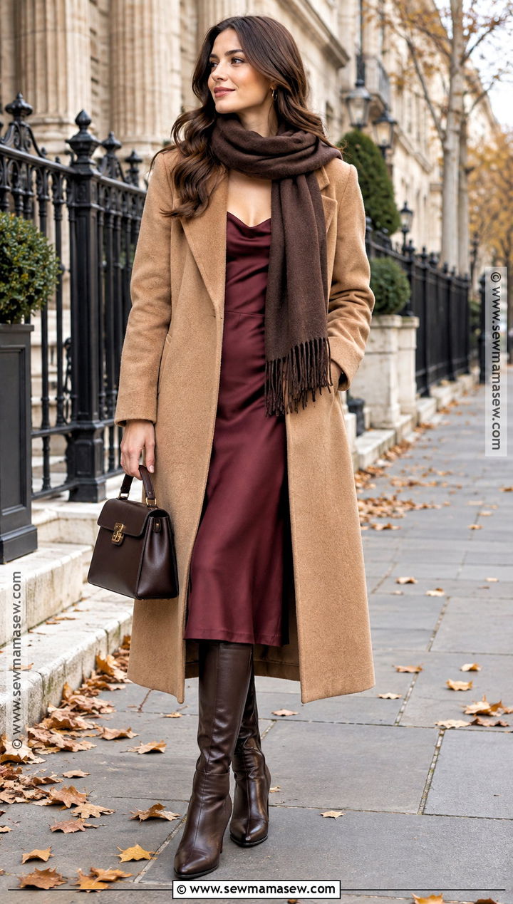 Slip Dress With Wool Coat And Tall Boots - 20 slip dress outfit fall ideas