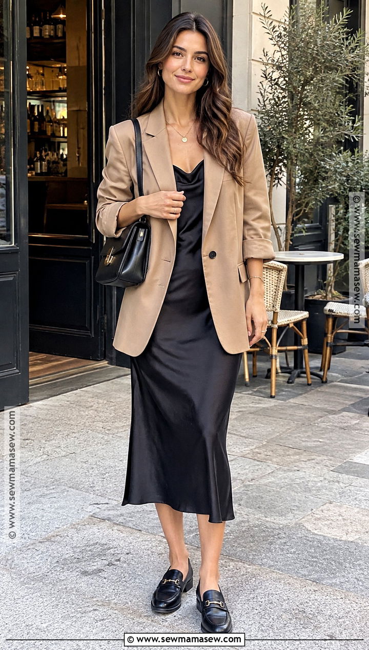 Slip Dress and Oversized Blazer Transition Outfit - 15 summer to fall transition outfits capsule wardrobe