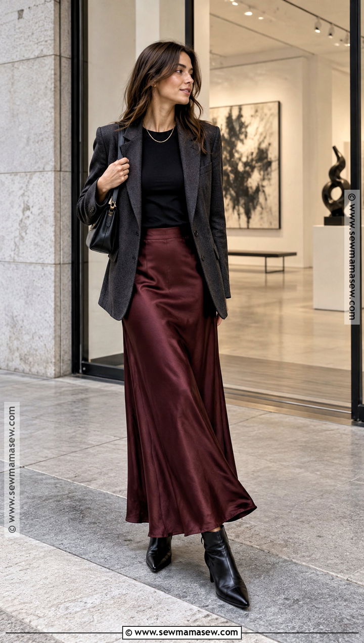Slip Long Skirt With Blazer And Ankle Boots - 25 long skirt outfits fall
