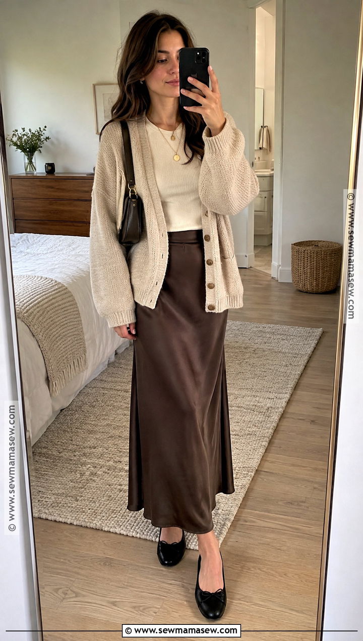 Slip Long Skirt With Chunky Cardigan And Ballet Flats - 20 Long Skirt Outfits For Autumn