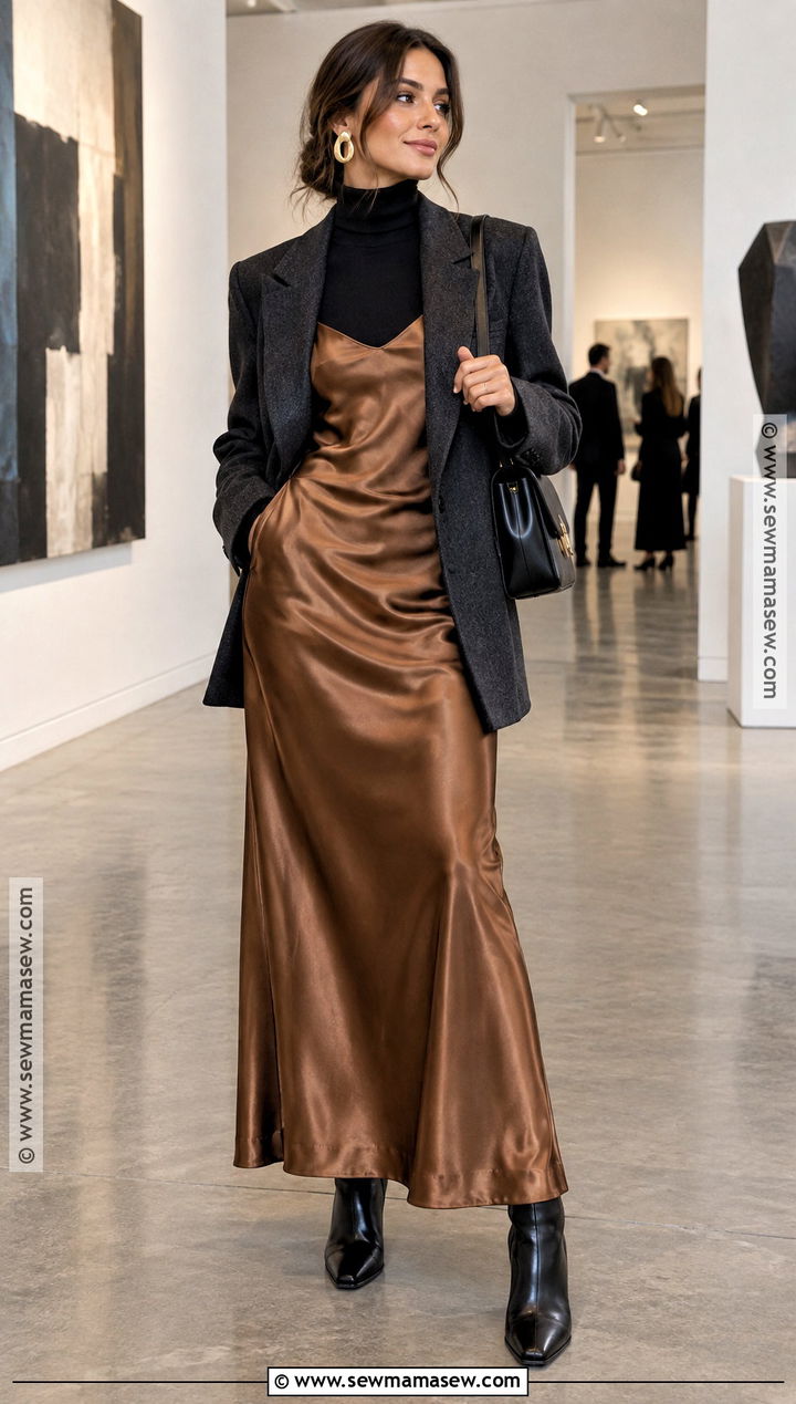 Slip Maxi Dress With Oversized Blazer - 25 Fall Maxi Dress Ideas